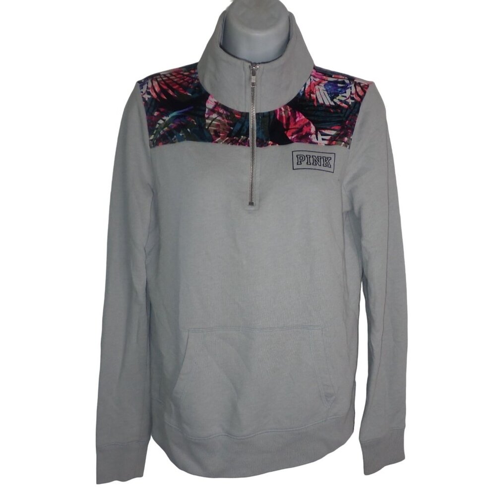 Victoria's Secret PINK Women XS Half-Zip Pullover Sweatshirt Gray Tropical Yolk - Picture 1 of 6